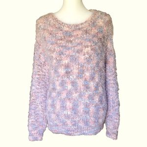 PINK LILY Fuzzy Knit Multi Colored Pink & Blue Cozy Women’s Crew Neck Sweater Sm